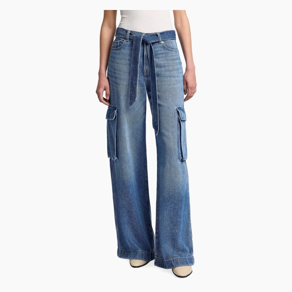 7 For All Mankind Denim Tie-Waist Cargo Palazzo Jeans - Picture 3 of 7